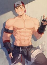  1boy abs armband backwards_hat bandaged_leg bandages bandaid bandaid_on_cheek bandaid_on_face bara baseball_cap belt beom_liben black_belt black_gloves black_pants blush brown_eyes brown_hair bulge fingerless_gloves gloves hat higashigunkan highres large_pectorals male_focus muscular muscular_male navel nipples one_eye_closed original pants pectorals short_hair smile solo teeth topless_male torn_clothes torn_pants translation_request v 