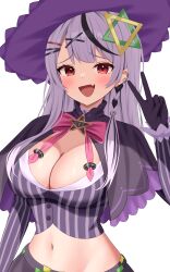  :d absurdres black_hair blush bow bowtie braid breasts capelet cleavage commentary_request cosplay cropped_shirt earrings female gloves grey_hair hair_ornament hairclip hand_up hat highres hololive jewelry kumoru_(kumoru_145) large_breasts long_hair long_sleeves midriff multicolored_hair murasaki_shion murasaki_shion_(1st_costume) murasaki_shion_(cosplay) oerba_yun_fang pink_bow pink_bowtie pinstripe_pattern pinstripe_shirt purple_capelet purple_gloves purple_shirt purple_skirt red_eyes sakamata_chloe shirt side_braid simple_background single_braid skin_fang skirt smile solo streaked_hair striped_clothes striped_shirt v vertical-striped_clothes vertical-striped_shirt white_background witch_hat x_hair_ornament 