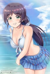  absurdres aqua_eyes artist_name bikini blue_bikini blue_skirt blue_sky blush breasts cleavage cloud commentary_request female hair_ornament hair_scrunchie highres large_breasts long_hair looking_at_viewer love_live! love_live!_school_idol_project navel outdoors pixiv_username ponyagii purple_hair scrunchie skirt sky smile swimsuit tojo_nozomi twitter_username water 