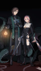  2boys absurdres alternate_costume alternate_universe arms_at_sides belt bible_(object) bishounen black_background black_footwear black_loincloth blood blood_on_clothes blood_on_hands blood_on_weapon book boots brown_belt clothing_cutout corpse crossdressing crossed_belts ensemble_stars! full_body glowing grey_tabard hand_on_own_chest height_difference highres holding holding_book holding_lantern holding_sword holding_weapon jewelry knee_boots lantern light_smile loincloth long_sleeves looking_ahead looking_at_viewer male_focus mikejima_madara monocle multiple_boys necklace night nun oil_lamp open_book otoko_no_ko oukawa_kohaku out_of_frame outdoors priest rapier revealing_clothes serious sheesixp side-by-side split_mouth stole sword tentacle thighhighs three_quarter_view underboob_cutout weapon white-framed_eyewear white_bustier white_thighhighs 