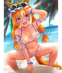  absurdres akikawa_yayoi_(umamusume) animal_ears beach bead_bracelet beads bikini blue_sky bracelet breasts commentary_request eyewear_on_head female heart heart-shaped_eyewear highres horse_ears horse_girl horse_tail jewelry kokoa_ninniku long_hair looking_at_viewer medium_breasts ocean open_mouth orange_hair outdoors palm_tree print_bikini revision sky solo squatting sunglasses swimsuit tail tree umamusume white_bikini 