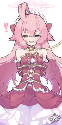  ahoge arms_behind_back blue_archive blue_eyes bondage bondage bondage bound commission dress female garib_(gari_gari_1) hair_flaps halo heart heart-shaped_pupils heavy_breathing heterochromia highres hoshino_(blue_archive) looking_at_viewer naughty_face pink_dress pink_hair pixiv_commission red_dress restrained smile solo standing strapless strapless_dress symbol-shaped_pupils yellow_eyes 