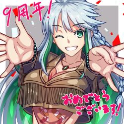  bead_bracelet beads bracelet braid breasts colored_inner_hair crop_top fate/grand_order fate_(series) female green_eyes green_hair grey_hair grin jewelry kotera_ryou kukulkan_(fate) kukulkan_(first_ascension)_(fate) large_breasts long_hair multicolored_hair one_eye_closed side_braid smile 