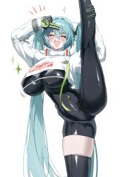  :d aqua_hair arms_up asymmetrical_bodysuit black_bodysuit black_gloves blush bodysuit boots breasts commentary_request cropped_jacket dotthebot facing_viewer feet_out_of_frame female flexible gloves goodsmile_racing green_gloves hand_on_own_leg hatsune_miku highres huge_breasts jacket leg_lift leg_up long_hair long_sleeves open_mouth racing_miku racing_miku_(2022) salute simple_background single_thigh_boot skindentation smile solo sparkle split standing standing_on_one_leg standing_split thigh_boots thighs twintails two-finger_salute two-tone_gloves very_long_hair vocaloid white_background white_jacket 