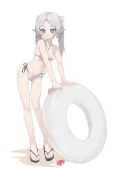  alternate_costume bikini breasts crab elf female flip-flops forehead frieren full_body garib_(gari_gari_1) grey_hair highres lifebuoy looking_at_viewer navel parted_bangs pointy_ears sandals small_breasts smile solo sousou_no_frieren standing swim_ring swimsuit thick_eyebrows twintails white_background white_bikini 