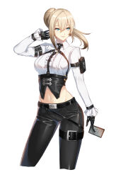  arm_belt belt belt_pouch between_fingers black_gloves black_pants blonde_hair blue_eyes breasts card center_frills chest_harness closers collared_shirt crop_top cropped_legs female frilled_shirt frills gloves grin hand_up harness harpy_(closers) highres holding holding_card long_hair long_sleeves looking_to_the_side medium_breasts midriff mole mole_under_eye navel non-web_source official_art pants ponytail pouch shirt smile solo stomach thigh_strap underbust white_shirt 