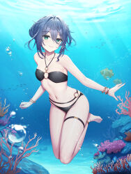  anklet bangle bare_legs bare_shoulders barefoot bikini black_bikini blue_hair bracelet breasts closed_mouth closers collarbone coral eunha_(closers) female fish freediving green_eyes hair_between_eyes hair_bun halterneck highres jewelry light_rays long_hair looking_at_viewer navel non-web_source o-ring o-ring_bikini o-ring_top official_art small_breasts smile solo stomach string_bikini sunlight swimsuit thigh_strap thighs underwater water 