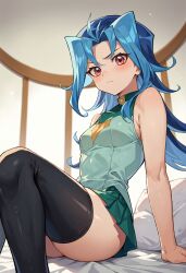  ai_generated bangs bed blue_hair blush closed_mouth clothing female hi_res kamishiro_rio legwear looking_at_viewer red_eyes rio_kamishiro school_uniform shalie sitting skirt solo thick_legs thighs yu-gi-oh! yu-gi-oh!_zexal 