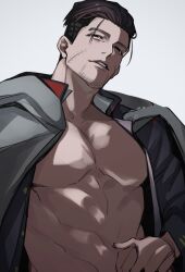  1boy abs bara beard_stubble black_eyes coat facial_hair golden_kamuy groin hair_slicked_back hand_on_own_stomach highres looking_at_viewer male_focus muscular muscular_male no_nipples ogata_hyakunosuke open_clothes open_coat pectorals scar scar_on_cheek scar_on_face short_hair simple_background solo straight-on stubble teeth upper_body white_background zeta_(ace_343) 