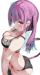  absurdres ahoge black_bra black_panties black_ribbon blue_bow blue_hair blush bow bra breasts cat_tail cleavage female hair_ribbon highres hololive large_breasts long_hair looking_at_viewer minato_aqua open_mouth panties pink_hair purple_eyes ribbon solo tail tail_bow tail_ornament tazrn1 twintails underwear virtual_youtuber white_background 