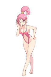  barefoot breasts casual_one-piece_swimsuit cleavage clothing_cutout dragon_quest dragon_quest_iii female full_body hand_on_own_hip highres leaning_forward long_hair medium_breasts merchant_(dq3) navel navel_cutout ok_sign one-piece_swimsuit pink_hair purple_eyes red_one-piece_swimsuit revealing_swimsuit_(dq) simple_background solo swimsuit tenjou_ryuka white_background 