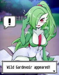  ! absurdres alternate_hairstyle artist_name black_thighhighs breasts cleavage colored_skin commentary dialogue_box dress english_commentary english_text female fence flying_sweatdrops furry furry_female gameplay_mechanics gardevoir green_hair hair_over_one_eye high_ponytail highres humanization jrpulse large_breasts long_hair looking_at_viewer multicolored_skin night on_ground open_mouth outdoors paid_reward_available pokemon pokemon_(creature) ponytail red_eyes sitting smile solo speech_bubble steaming_body sweatdrop thighhighs tree twitter_username two-tone_skin white_dress white_skin wild_pokemon_appeared wooden_fence 