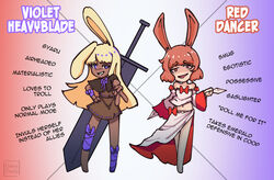  2girls artist_name barefoot black_capelet blonde_hair boopy_(datboopy) bow bow_skirt brown_dress capelet commentary crop_top dagger dancer_rabbit dark-skinned_female dark_skin dress english_commentary english_text floppy_ears full_body gradient_background greatsword grin gyaru gyaru_v hand_on_own_hip heavyblade_rabbit highres holding holding_dagger holding_knife holding_weapon knife kunai leg_wrap long_hair looking_at_viewer medium_bangs multiple_girls navel neck_ribbon off-shoulder_shirt off_shoulder open_mouth pink_hair pink_shirt pink_skirt purple_eyes purple_ribbon rabbit_and_steel red_bow red_eyes ribbon ribbon-trimmed_dress ribbon-trimmed_shirt shaded_face shirt short_hair sidelocks skirt skirt_set smile smug sword v weapon 