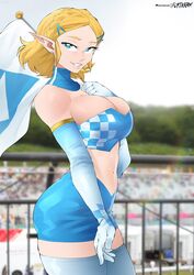  artist_name bandeau blonde_hair blue_eyes braid breasts checkered_clothes elbow_gloves female flag flytrapxx gloves grin hair_ornament hairclip highres holding holding_flag large_breasts long_hair midriff navel outdoors patreon_logo patreon_username pointy_ears princess_zelda race_queen smile strapless the_legend_of_zelda thighhighs tube_top white_gloves white_thighhighs 