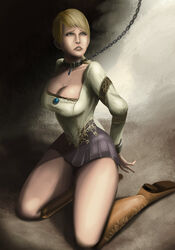  1girls arms_behind_back blonde_hair blue_eyes bondage boots bound breasts capcom chains cleavage collar demento dress female fiona_belli hair haunting_ground human kneeling large_breasts looking_up necklace ponytail shackles slave solo svoidist tied_hair 