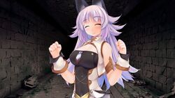  ^_^ animal_ears atelier-moo bare_shoulders blush breasts clenched_hands closed_eyes closed_mouth detached_sleeves dungeon female highres large_breasts long_hair long_sideburns looking_up mana_(our_battle_has_just_begun!) narrow_waist our_battle_has_just_begun! purple_hair sideburns sleeveless smile solo upper_body very_long_hair w_arms wolf_ears wolf_girl 