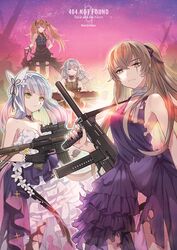  404_(girls&#039;_frontline) 404_logo_(girls&#039;_frontline) 4girls alternate_costume artist_name assault_rifle bare_shoulders breasts brown_eyes brown_hair choker dress evening_gown g11_(girls&#039;_frontline) girls&#039;_frontline gloves green_eyes grey_hair gun h&amp;k_g11 h&amp;k_hk416 h&amp;k_ump hair_between_eyes hair_ornament hairband hairclip highres hk416_(girls&#039;_frontline) hk416_(starry_cocoon)_(girls&#039;_frontline) holding holding_gun holding_weapon kotavi long_hair looking_at_viewer multiple_girls official_alternate_costume one_side_up red_eyes rifle scar scar_across_eye standing submachine_gun teardrop_facial_mark teardrop_tattoo thighhighs torn_clothes torn_thighhighs twintails ump45_(diamond_flower)_(girls&#039;_frontline) ump45_(girls&#039;_frontline) ump9_(girls&#039;_frontline) ump9_(the_world&#039;s_melody)_(girls&#039;_frontline) weapon 