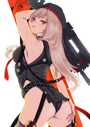  absurdres ammunition ammunition_belt arm_up ass belt beret black_belt black_hat black_panties black_shirt blush breasts chest_harness commentary cowboy_shot eyelashes female from_side goddess_of_victory:_nikke grey_thighhighs gun harness hat highres holding holding_gun holding_weapon light_brown_hair lips long_hair looking_at_viewer looking_back machine_gun medium_breasts multicolored_hair necktie orange_eyes over_shoulder panties parted_lips ramuneogura rapi_(nikke) red_lips red_necktie shirt side_slit simple_background sleeveless sleeveless_shirt solo standing streaked_hair thighhighs two-tone_hair underwear weapon weapon_over_shoulder white_background white_hair zoom_layer 