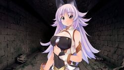  animal_ears atelier-moo bare_shoulders blush breasts closed_mouth detached_sleeves dungeon female grey_eyes highres large_breasts long_hair long_sideburns mana_(our_battle_has_just_begun!) narrow_waist our_battle_has_just_begun! purple_hair sideburns sleeveless smile solo upper_body very_long_hair wolf_ears wolf_girl 