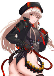  absurdres ammunition ammunition_belt arm_strap ass belt belt_pouch beret between_breasts black_belt black_gloves black_hat black_jacket black_leotard black_thighhighs blush breasts bullet chest_harness collared_shirt commentary cowboy_shot cropped_jacket female gloves goddess_of_victory:_nikke grey_shirt harness hat highres jacket leotard leotard_under_clothes light_brown_hair long_hair long_sleeves looking_at_viewer medium_breasts necktie necktie_between_breasts open_clothes open_jacket parted_lips pouch ramuneogura rapi_(nikke) red_eyes red_gloves red_necktie shirt simple_background skindentation smile solo standing thighhighs twisted_torso two-sided_gloves two-tone_gloves underbust white_background wing_collar 