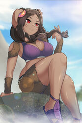  alternate_costume animal_ears armor braid breasts brown_fur brown_hair cleavage dark-skinned_female dark_skin facial_mark female fire_emblem fire_emblem_awakening hair_around_ear highres keldancon looking_to_the_side panne_(fire_emblem) purple_armor rabbit_ears rabbit_girl solo string_belt taguel twin_braids 