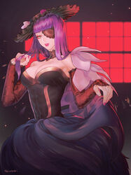  1boy 2nozki artist_name black_dress blunt_bangs breast_padding breasts cleavage clothes_lift commentary_request covered_abs covered_navel crossdressing dress dress_lift eyelashes eyepatch flower fur_dress green_eyes hat jack_jeanne lace_trim long_hair looking_at_viewer male_focus medium_breasts nail_polish neji_kokuto otoko_no_ko parted_lips purple_hair purple_lips purple_nails signature sleeveless sleeveless_dress solo strapless strapless_dress window 