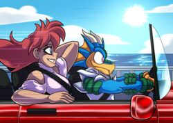  absurd_res anthro blue_eyes car convertible dragon driving duo european_mythology female hair hi_res horn human inside_car long_hair male mammal mythological_creature mythological_scalie mythology pink_eyes red_hair renta_(yuski) rocky_(yuski) scalie vehicle western_dragon wingless_dragon yuski 