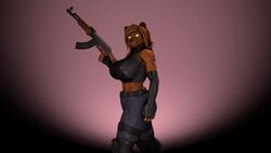  3d_(artwork) abs ak-47 ak_platform anthro armwear assault_rifle bear big_breasts breasts brown_body brown_hair clothing dasha_(petruz) digital_media_(artwork) elbow_gloves female gloves gun hair handwear hi_res holding_gun holding_object holding_ranged_weapon holding_weapon looking_at_viewer mammal military_clothing muscular muscular_anthro muscular_female petruz_(copyright) pose ranged_weapon rifle simple_background solo source_filmmaker_(artwork) thevestige weapon yellow_eyes 