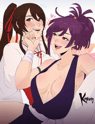  2girls armband artist_name bandages black_armband blush breasts breasts_apart brown_eyes brown_hair center_opening hair_between_eyes hakama hand_on_another&#039;s_face high_ponytail highres japanese_clothes jigokuraku kimono koyorin long_hair looking_at_another looking_at_viewer medium_breasts multiple_girls no_bra open_mouth purple_hair red_eyes red_sash sash white_hakama white_kimono wrist_guards yamada_asaemon_sagiri yuzuriha_(jigokuraku) 