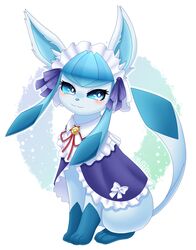  2024 accessory alternative_fashion blue_body blue_eyes blue_fur blush bow_ribbon clothing digital_media_(artwork) dress eeveelution female feral fluffy_hinu fur generation_4_pokemon glaceon goth gothic_lolita hair_accessory hair_ribbon hairbow hi_res holowear_(pokemon) j-fashion kemono lolita_(fashion) maid_headdress maid_uniform nintendo pokemon pokemon_(species) pokemon_unite quadruped ribbons solo tail tea_party_style_glaceon uniform white_body white_fur 