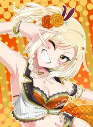  ;d absurdres arm_up armpits black_shorts blonde_hair blush breasts brown_background cleavage collarbone commentary_request female flower grin hair_flower hair_ornament highres looking_at_viewer love_live! love_live!_nijigasaki_high_school_idol_club meccha_going!! medium_breasts medium_hair miyashita_ai navel one_eye_closed orange_background orange_eyes orange_flower outline panty_straps short_ponytail short_shorts shorts sidelocks simple_background smile striped_background tetetsu_(yuns4877) underbust upper_body v v-shaped_eyebrows v_over_eye vest white_outline white_vest yellow_flower 