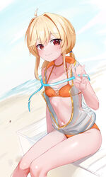  absurdres ahoge beach bikini blonde_hair breasts closed_mouth collarbone dutch_angle female girls&#039;_frontline hair_intakes hand_up highres hood hood_down hooded_jacket jacket long_hair looking_at_viewer nagant_revolver_(girls&#039;_frontline) nagant_revolver_(trumpeter_of_the_azure_waves)_(girls&#039;_frontline) navel ocean open_clothes open_jacket orange_bikini outdoors petite red_eyes ribs sand see-through see-through_jacket shenqi_xiaohuang sitting sleeveless sleeveless_jacket small_breasts smile solo swimsuit twintails v 