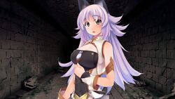  animal_ears atelier-moo bare_shoulders blush breasts detached_sleeves dungeon female grey_eyes highres large_breasts long_hair long_sideburns looking_up mana_(our_battle_has_just_begun!) narrow_waist open_mouth our_battle_has_just_begun! purple_hair sideburns sleeveless solo upper_body very_long_hair wolf_ears wolf_girl 