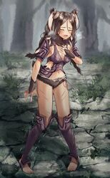  animal_ears armor braid brown_fur brown_hair closed_eyes commission facial_mark female fire_emblem fire_emblem_awakening hair_around_ear long_hair no_panties open_mouth panne_(fire_emblem) purple_armor rabbit_ears rabbit_girl skeb_commission solo string_belt taguel tori_ririisu twin_braids 