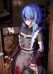  2others apron bardiche_(weapon) black_dress black_gloves black_hair blood blood_in_hair blood_on_clothes blood_on_face blood_on_ground blood_on_wall blue_eyes blue_hair braid collared_dress commentary_request corpse death doorway dress feet_out_of_frame female fingerless_gloves gloves grey_apron hair_between_eyes hair_ornament hair_over_shoulder hairclip highres hiiragi_melt holding holding_polearm holding_weapon hololive hoshimachi_suisei hoshimachi_suisei_(maid) indoors long_hair looking_at_viewer maid multiple_others official_alternate_costume official_alternate_hairstyle open_door painting_(object) polearm pov_doorway short_sleeves side_braid single_braid solo_focus standing virtual_youtuber weapon yandere 