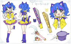  :d animal_ears artist_name bell bishoujo_senshi_sailor_moon bishoujo_senshi_sailor_moon bishoujo_senshi_sailor_moon_(first_season) blue_bow blue_footwear blue_hair blue_sailor_collar boots bow cat_ears cat_tail character_name choker commentary_request dark_blue_hair earrings female full_body grey_eyes hand_fan hand_net harisen jewelry jingle_bell knee_boots layered_skirt looking_at_viewer luna_(sailor_moon) luna_(sailor_moon)_(human) magical_girl moon_stick_(sailor_moon) multicolored_hair multiple_views open_mouth personification purple_hair reference_sheet sailor_collar sailor_luna sailor_senshi_uniform shirataki_kaiseki short_hair short_twintails skirt smile standing standing_on_one_leg tail turnaround twintails wand white_background yellow_choker yellow_skirt 