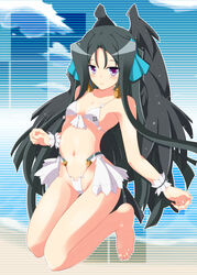  beach bikini black_hair black_wings commentary_request day female highres kyoukaisenjou_no_horizon long_hair malga_naruze mellow purple_eyes solo swimsuit very_long_hair white_bikini wings 