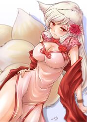  albino animal_ears breasts chengshu china_dress chinese_clothes chrysanthemum cleavage commentary_request covered_nipples dated dress female flower flower_knight_girl fox_ears fox_girl fox_tail hair_flower hair_ornament higanbana_(flower_knight_girl) kitsune kyuubi large_breasts long_hair looking_at_viewer multiple_tails pink_dress red_eyes red_flower sash signature smile solo tail white_background white_hair 