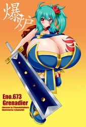  blush breasts bursting_breasts chun female female gigantic_breasts green_hair red_eyes side_ponytail sword 