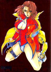  belt_choker belts breasts cleavage green_eyes hoop_earrings leather legs leotard official_art psychic_force red_hair red_leather red_nails regina_belford thigh_strap thighs 