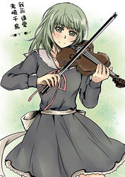  absurdres blush bow_(music) commentary_request cowboy_shot dress fei_cai_xiao_r female flowers_(innocent_grey) green_eyes green_hair highres holding instrument long_hair long_sleeves looking_at_viewer mole mole_on_neck music playing_instrument red_ribbon ribbon school_uniform smile solo standing takasaki_chidori translation_request violin white_ribbon 