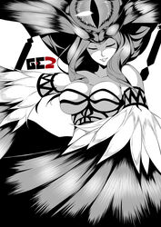  aragami armband breasts closed_eyes commentary_request copyright_name female god_eater god_eater_2:_rage_burst greyscale headdress large_breasts monochrome monster_girl no_hands photoshop_(medium) sariel_(god_eater) shaded_face simple_background skindentation third_eye watanuki_kaname 