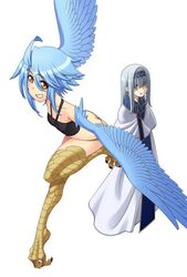  2girls blue_hair colorazation colored edit full_body happy harpy hug inui_takemaru long_hair monster monster_girl monster_musume_no_iru_nichijou multiple_girls official_art okayado papi_(monster_musume) pointy_ears short_shorts silver_hair small_breasts smile talons tank_top vampire white_skin wings yellow_eyes 