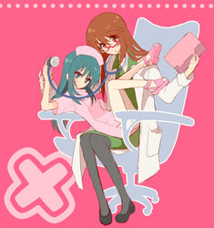  2girls :o alternate_costume bespectacled black_legwear brown_hair chair commentary_request cosplay glasses green_eyes green_hair hat lab_coat long_hair looking_at_viewer minashiro_orihime multiple_girls nurse nurse_cap office_chair pantyhose pink_background red-framed_eyewear sakaki_tsui semi-rimless_eyewear sidelocks sitting sitting_on_lap sitting_on_person soukyuu_no_fafner stethoscope swivel_chair tatekami_seri under-rim_eyewear 