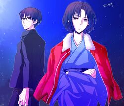  1boy bad_id bad_pixiv_id black_hair blue_eyes female glasses highres jacket jacket_on_shoulders japanese_clothes kara_no_kyoukai kimono kokutou_mikiya red_jacket ryougi_shiki saaya_(32308) short_hair 