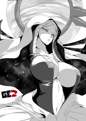  aragami breasts center_opening cleavage cloak collarbone commentary_request copyright_name female god_eater god_eater_2:_rage_burst greyscale halo hood huge_breasts innerboob looking_at_viewer looking_down monochrome monster_girl navel nyx_alpha open_clothes parted_lips photoshop_(medium) shaded_face solo watanuki_kaname 