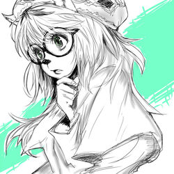  beret body_fur capelet cheadle_yorkshire commentary_request dog_girl female furry furry_female glasses hat hunter_x_hunter long_hair long_sleeves monochrome pict-pict round_eyewear simple_background solo thinking upper_body white_background 