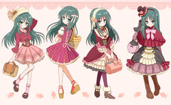  alternate_costume animal_print arm_behind_head bag blush bookbag boots bow capelet commentary_request crossed_arms dress female frills frown gloves green_hair hair_ribbon hairband hat lolita_fashion lolita_hairband long_hair looking_back minashiro_orihime mini_hat mini_top_hat multiple_views pantyhose ribbon sakaki_tsui sandals shoulder_bag socks soukyuu_no_fafner squid top_hat 