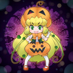  :d arm_scrunchie bare_shoulders blonde_hair bow bowtie button_eyes buttons center_frills chibi commentary dated fangs female frills gloves green_eyes green_hair hakkatou halloween hand_on_own_hip highres index_finger_raised jack-o&#039;-lantern_(kemono_friends) kemono_friends leaf long_hair looking_at_viewer low_twintails open_mouth orange_footwear orange_pants pants pantyhose plant puffy_pants pumpkin_hat red_bow red_bowtie scrunchie shirt shoes smile solo twintails v-shaped_eyebrows very_long_hair white_gloves white_pantyhose white_scrunchie white_shirt 