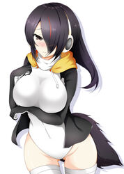  black_hair breasts brown_eyes commentary_request covered_navel cowboy_shot embarrassed emperor_penguin_(kemono_friends) female hair_over_one_eye headphones highleg highleg_leotard highres hood hoodie jacket kemono_friends large_breasts leotard long_hair looking_at_viewer multicolored_hair navel open_clothes photoshop_(medium) solo thighhighs white_leotard white_thighhighs yuu_(oosakazaijyuu) 